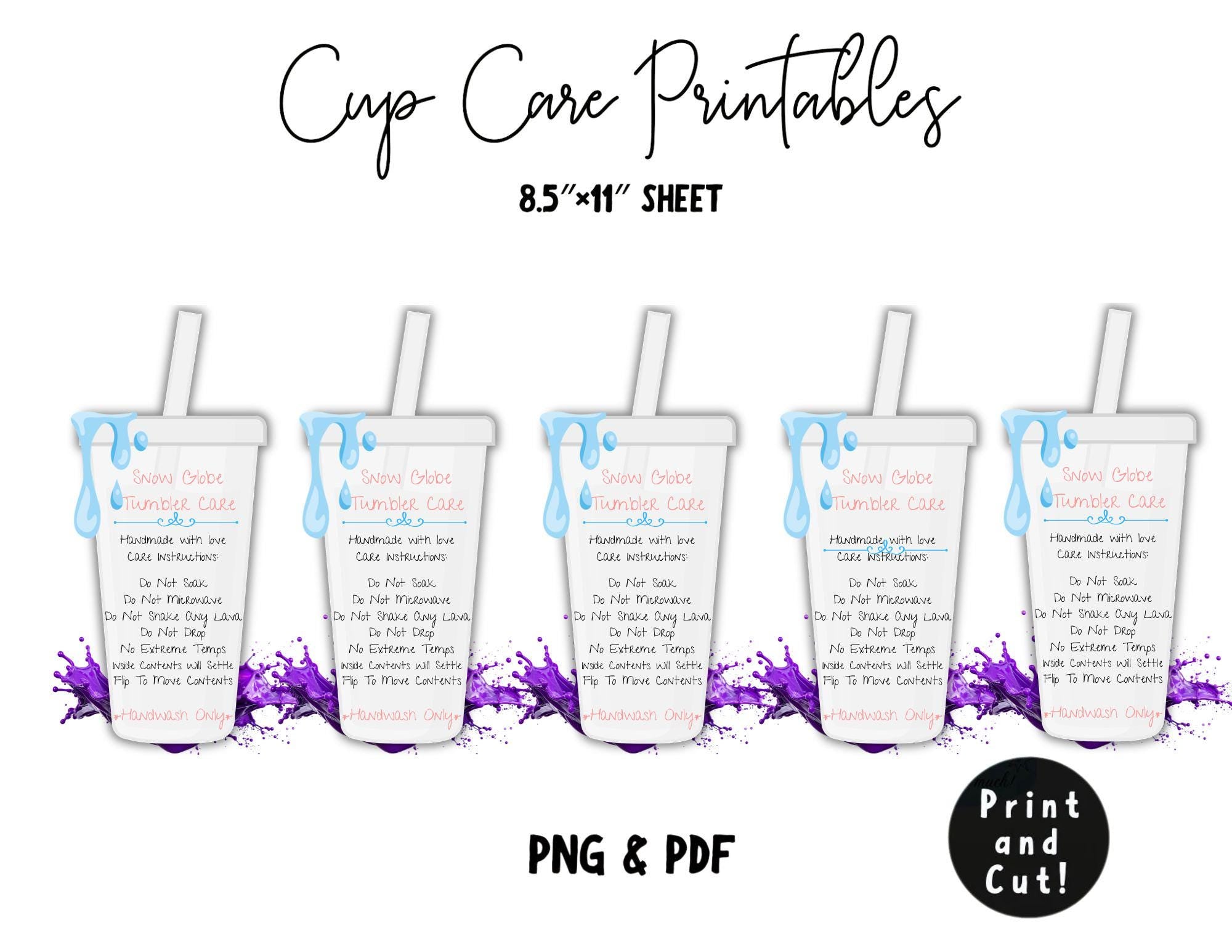 Ready to Print Snow Globe Tumbler Cup Care Card Instructions PNG, Sticker, Lava, Libbey, Tall Skinny, Mug, Libbey Glass, Stainless Steel